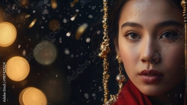 Fototapeta Happy New Year, Champagne, Christmas Tree Balls, Christmas Toys, Snow, Christmas, Holiday, Tree, Bokeh, Gifts, Candles