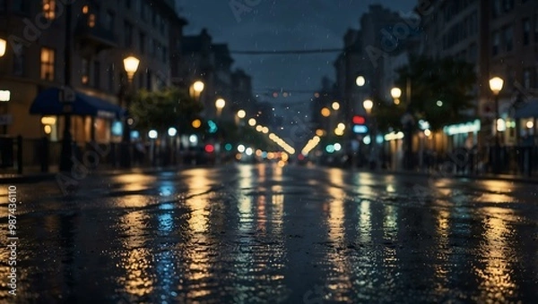 Fototapeta Twilight cityscape with shimmering bokeh lights on rain-slicked streets.