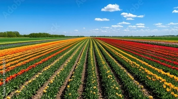 Fototapeta A wide flower field in full bloom, with rows of flowers stretching to the horizon under a clear blue sky