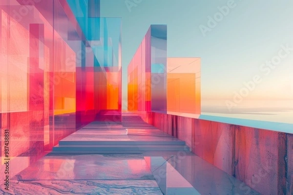 Fototapeta Abstract Bauhaus architecture, minimalist fantasy painting, pinks, oranges, blues, low poly style, flat roofs, depth through fades