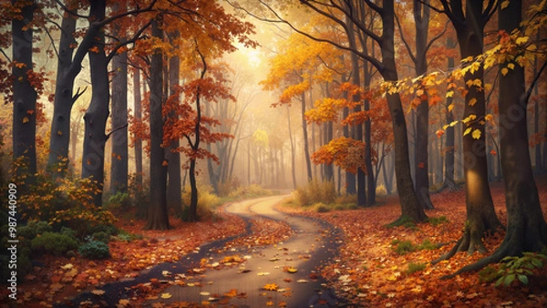 Fototapeta Misty autumn forest path with vibrant fall foliage