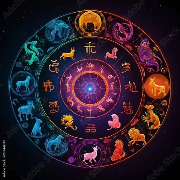 Fototapeta Colorful Circle of Twelve Zodiac Signs