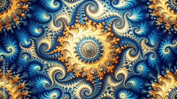 Fototapeta Intricate Fractal Pattern in Blue and Gold with Hypnotic Spiral Design, High Resolution