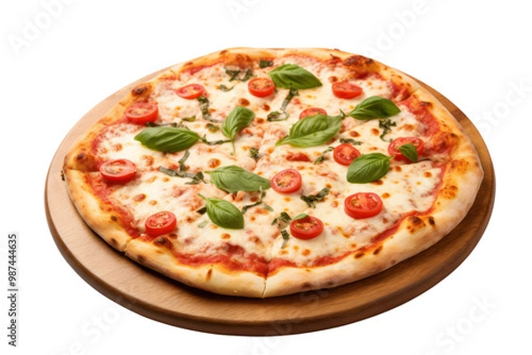 Fototapeta Italian style pizza Isolated pieces on a white background It clearly shows oozing cheese, fresh tomatoes, and basil.