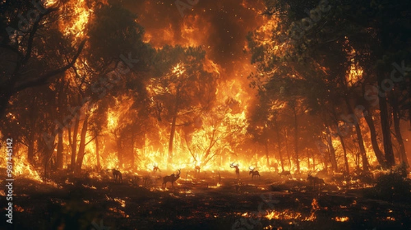 Fototapeta 森林火災と野生動物