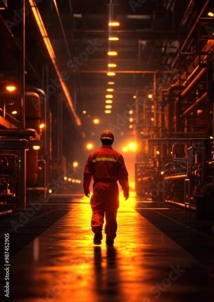 Fototapeta A worker strides confidently through a dimly lit industrial hallway, illuminated by the warm glow of machinery, embodying dedication and resilience in a powerful workspace.