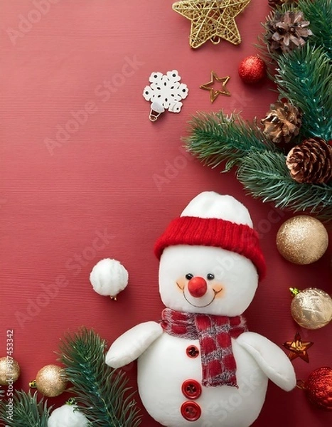 Obraz Christmas Tree Ornaments and Snowman Plush in a Cozy Top View Layout with Stars, Bells, and Snowflakes Mockup. Graphic art illustration
