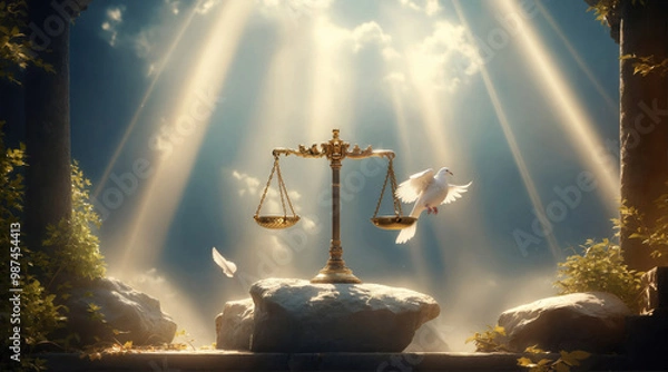 Fototapeta Scales of Justice with Angel Wings in the form of a white dove