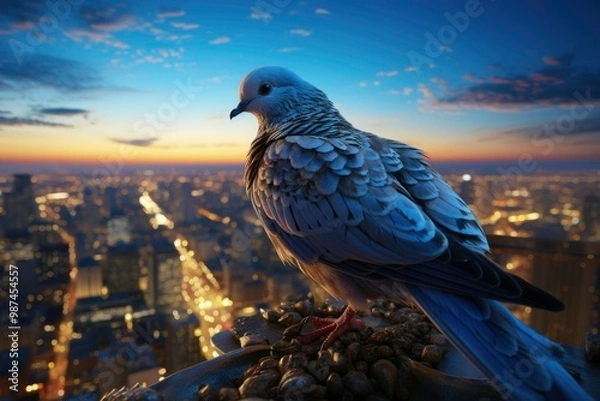 Fototapeta Charming photo of a robin with a bright tail, dancing flamenco on a rooftop, stunning the cityscape and onlookers with its bold and colorful movements, as the sun rises and the lights twinkle below
