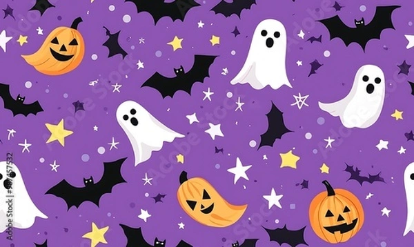 Fototapeta Halloween-themed seamless pattern featuring bats, pumpkins, and ghosts