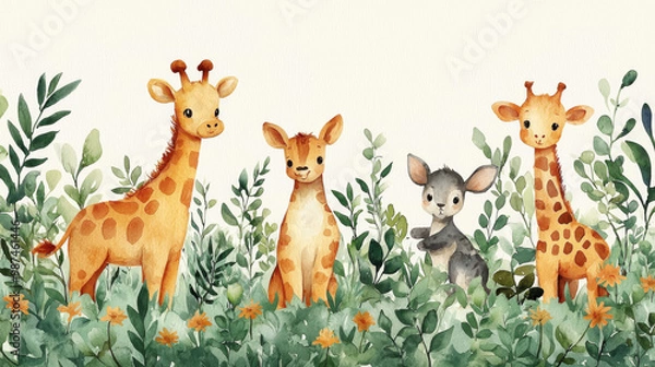 Obraz Cute watercolor illustration of giraffes, a bunny, and a deer in a jungle setting.