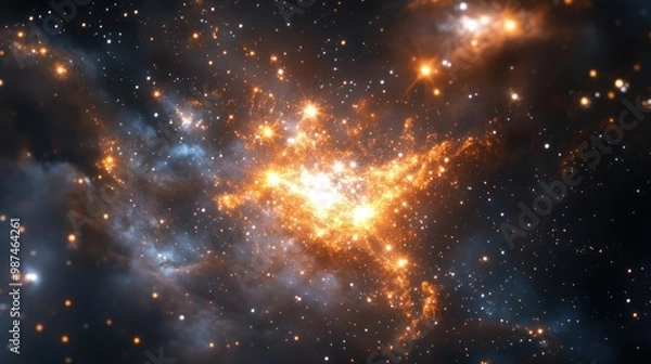 Fototapeta A glowing 3D star-forming region within a galaxy, with bright, new stars emerging from gas clouds.
