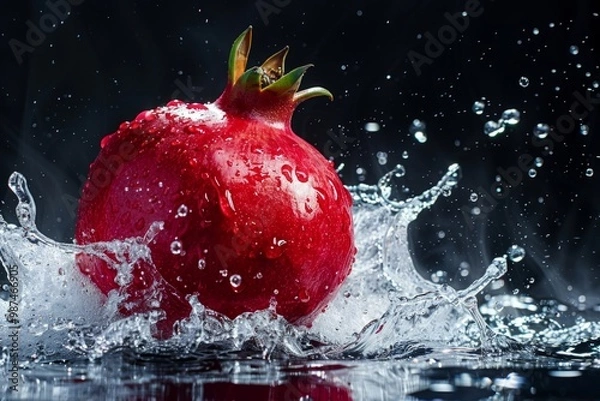 Fototapeta Ripe pomegranate splashing into water on a black background