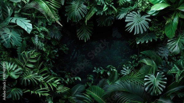 Fototapeta Jungle foliage across all sides with blank space, black background, high contrast, soft gradient.
