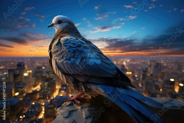 Fototapeta Professional charming photo of a Dove with sacred white feathers, standing flamenco on the roof, stunning view of the city, at sunrise and the aesthetic of twinkling lights below