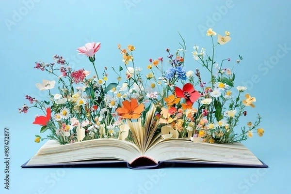 Fototapeta Dried pressed various leaves and flowers placed on the pages of an open old book lying on a white background
