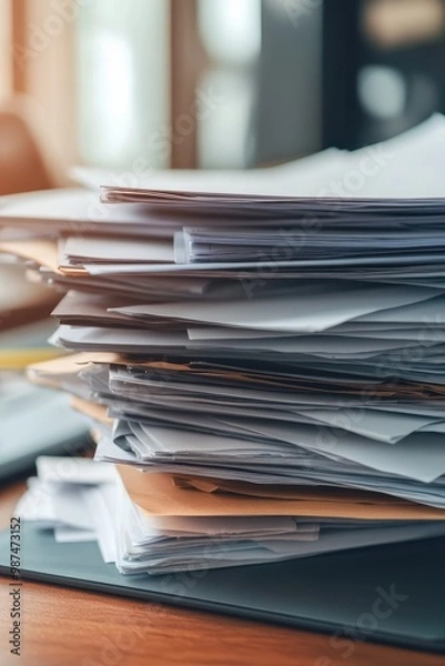 Fototapeta Stack of Documents and Papers on Office Desk with Sunlight Streaming Through Window