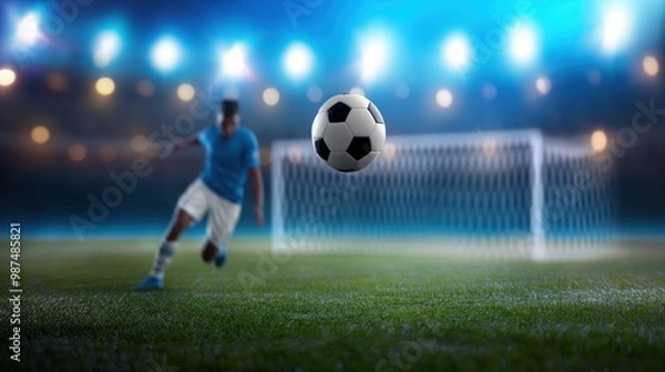 Fototapeta A dynamic soccer player strikes the ball in an exciting match under bright stadium lights.