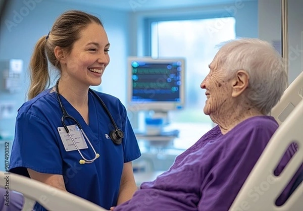 Obraz A nurse smiles while interacting with an elderly patient in a hospital setting.