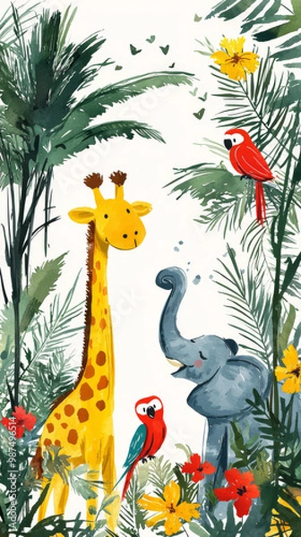 Fototapeta Cute cartoon animals in a jungle setting.