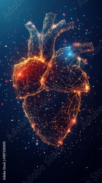 Fototapeta abstract digital of human heart with polygonal illustration of lines and glowing dots