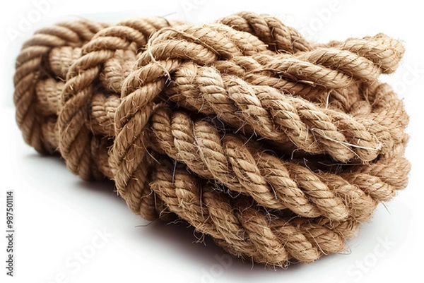Fototapeta A photograph of jute ropes in various sizes and weights on a white background, for product photography and packaging.Brown jute rope in rolls and thick strands of different sizes