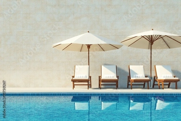 Obraz Four loungers under umbrellas by poolside.