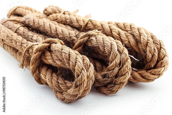 Fototapeta A photograph of jute ropes in various sizes and weights on a white background, for product photography and packaging.Brown jute rope in rolls and thick strands of different sizes