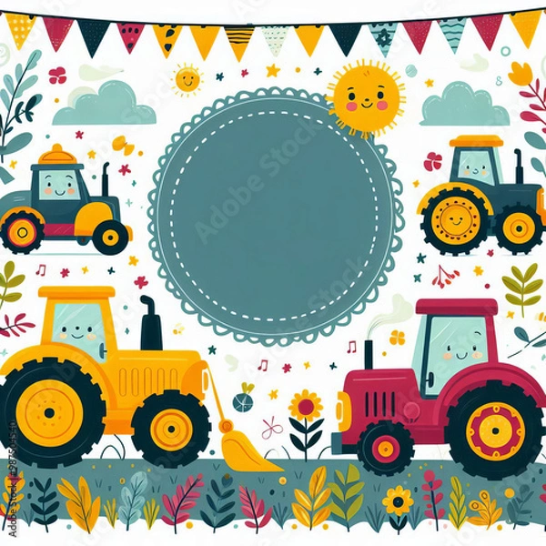 Fototapeta Creative frame with tractors in children style. Fun heavy machinery, agricultural vehicles
