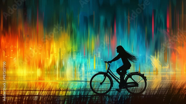 Fototapeta Silhouette of Woman Riding Bicycle with Colorful Abstract Background