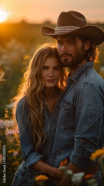 Obraz Romantic Cowboy Couple, Enjoying the Sunset in the Meadow