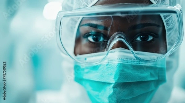 Fototapeta An image showing a medical professional wearing comprehensive protective gear such as mask, goggles, and gown in a clinical setting, emphasizing safety and dedication in healthcare.