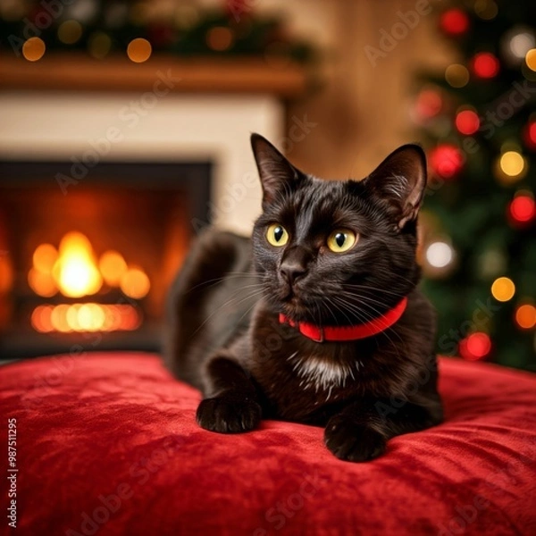 Fototapeta Cats in a Cozy Setting with Blurred Christmas Background Festive and Warm Holiday Atmosphere