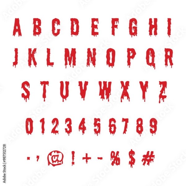 Obraz Red spooky y2k style alphabet with numbers bloody style. Scary party or halloween concept.