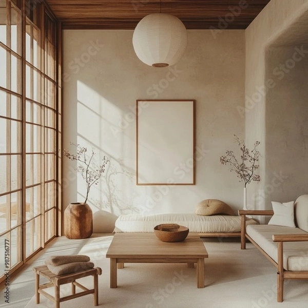 Fototapeta Minimalist Japandi interior with a 180 cm vertical poster frame in the center, highlighting soft neutral colors and wooden furniture.