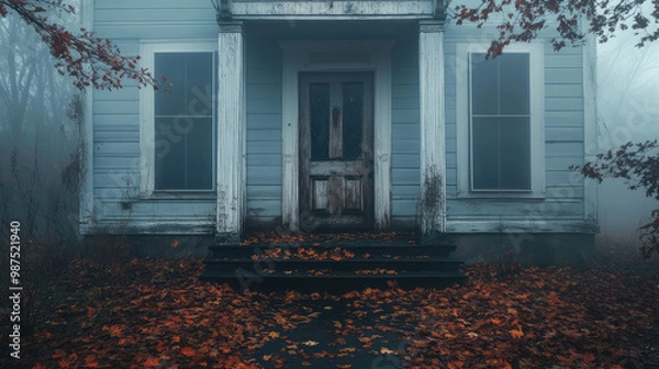 Fototapeta A house with a front door that is open and a porch with a staircase