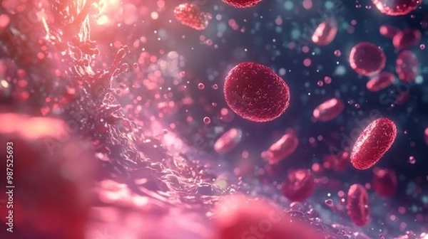 Fototapeta Animated cells in the bloodstream, focusing on the interaction between red and white blood cells.