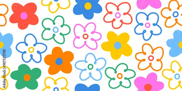 Fototapeta Hand drawn colorful floral seamless pattern, fun doodle flower pattern with childish style. Design for fabric, cover, wrapping, wallpaper.