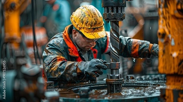 Fototapeta Oil Rig Worker Adjusting Drill Bit in Mud