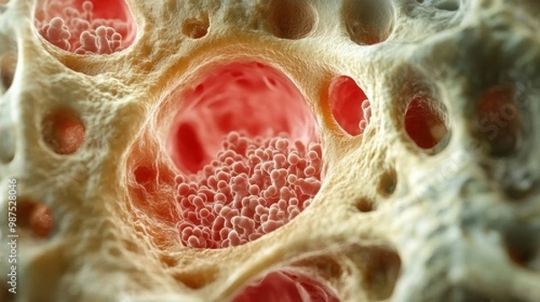 Obraz Cross-section of a bone showing bone marrow and stem cells, illustrating the body's cellular regeneration.