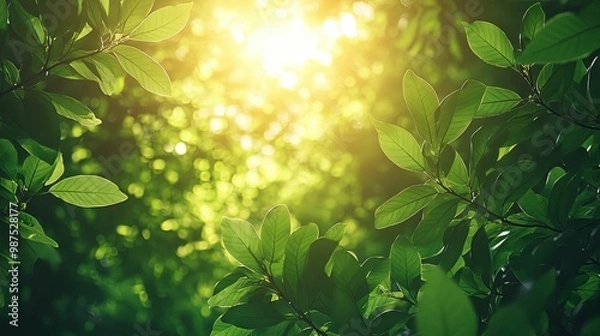 Fototapeta Sunlight filtering through lush green leaves in a forest