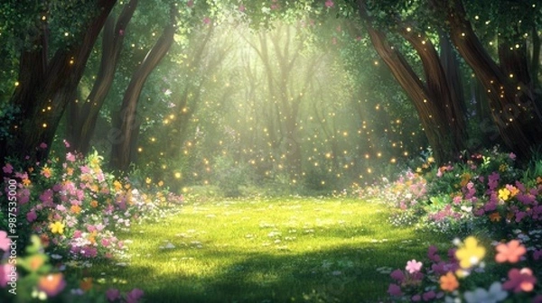 Fototapeta Enchanted forest clearing with glowing fireflies and blooming flowers.