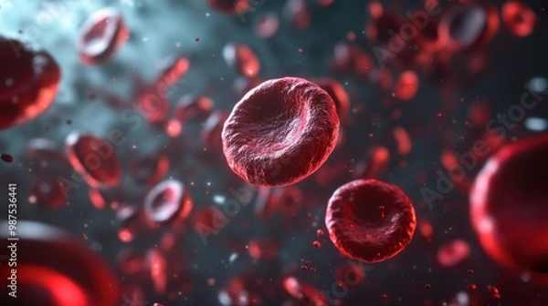 Fototapeta Red blood cells flowing through the circulatory system in a highly detailed illustration.