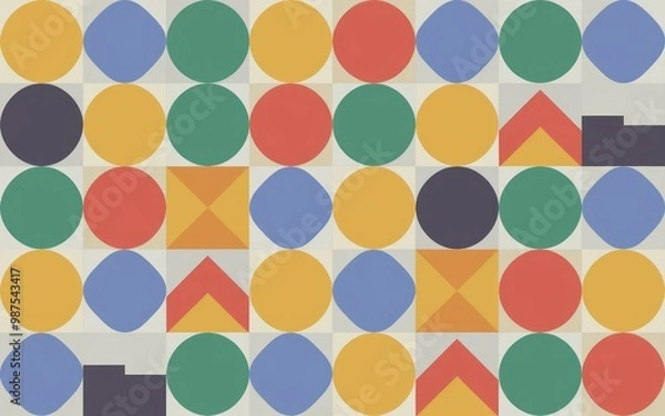 Fototapeta Colorful circle pattern. Geometric pattern with vibrant circles, squares, and triangles in a grid design.