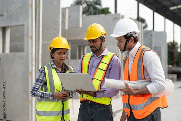 Fototapeta Team of construction engineers wearing vest and helmet safety discussing project at construction site. Group Indian foreman with laptop, paperwork working at factory making precast concrete wall.