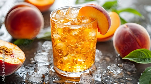 Fototapeta Refreshing peach iced tea with ice, garnished with slices of ripe peach and surrounded by whole peaches.
