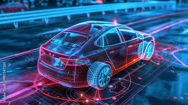 Obraz A self-driving car navigating a smart city with 6G connectivity, receiving real-time updates from surrounding infrastructure