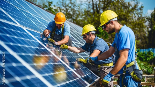 Obraz A team of engineers installing solar panels in a rural area, highlighting the spread of green energy solutions.