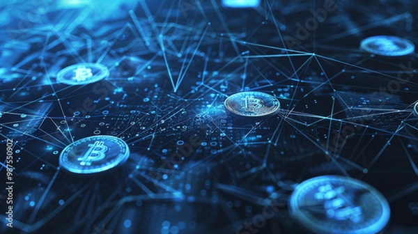 Obraz Blockchain concept with digital coins – floating cryptocurrencies connected by digital lines, representing the blockchain network.