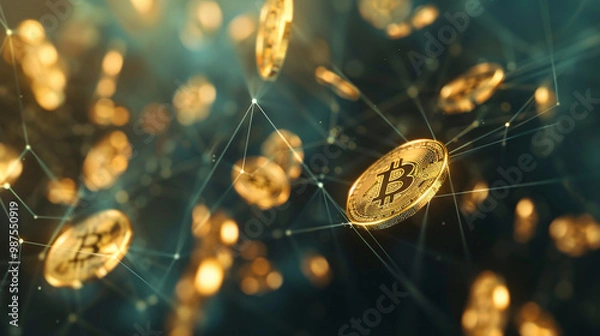 Obraz Blockchain concept with digital coins – floating cryptocurrencies connected by digital lines, representing the blockchain network.